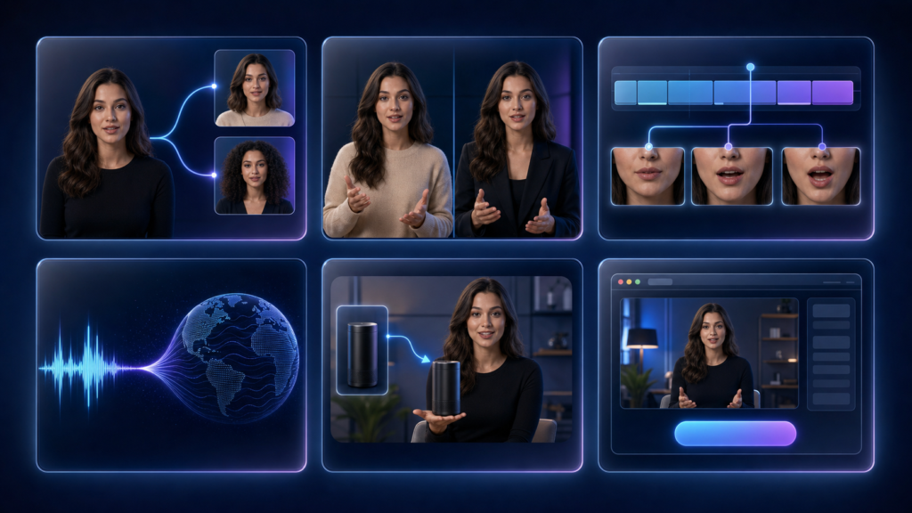 Cast AI features including persona transformation, outfit changes, automatic lip-sync, multilingual voices, object insertion, and website presenters
