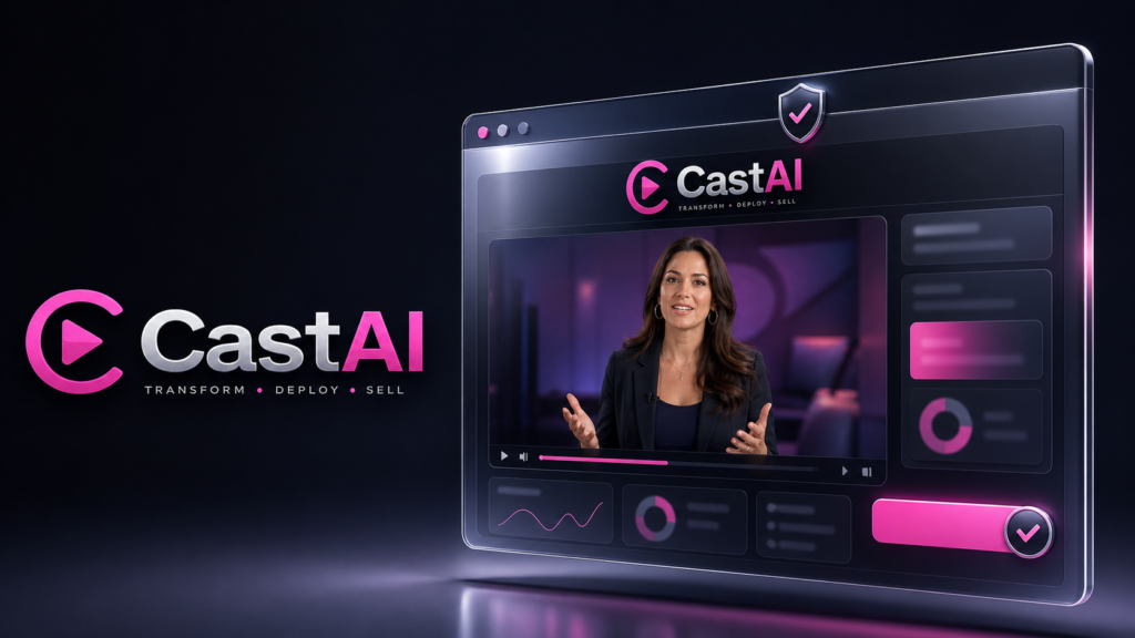 CastAI AI video presenter transforming into multiple personas and appearing on a website