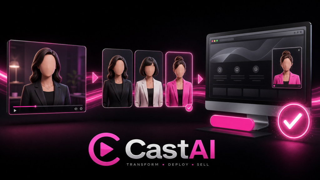 CastAI transforming one video into multiple AI presenters and deploying a talking presenter on a website