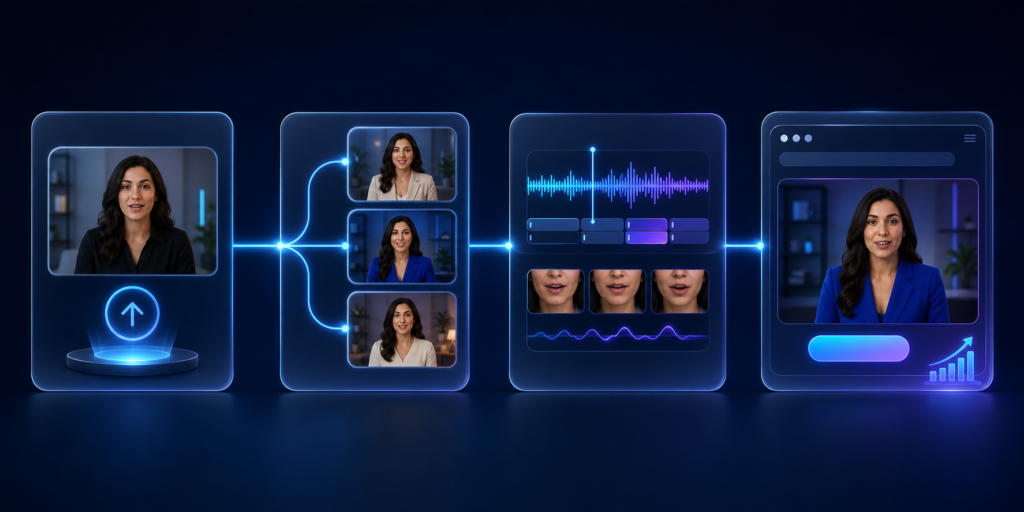 Four-step CastAI workflow showing video upload, AI persona transformation, automatic lip-sync, and website deployment