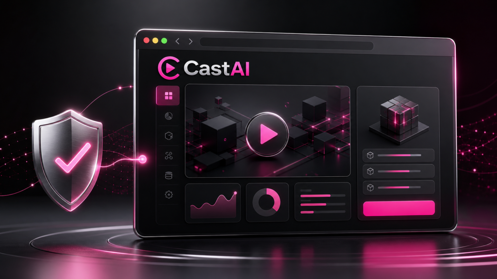 CastAI official website interface with a video creation dashboard and verified security shield